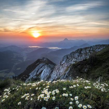 A Stunning Sunrise View Over A Rocky Mountain Landscape With Wildflowers In Bloom.