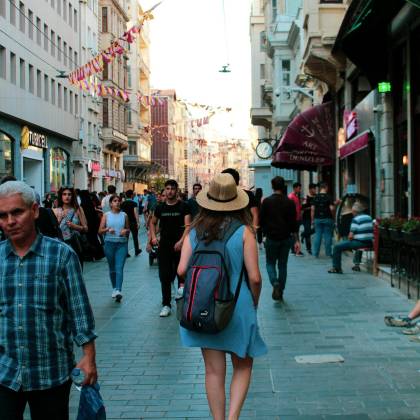 A Bustling Street In Karatay, Konya, Full Of Locals And Tourists Enjoying The Urban Vibe.