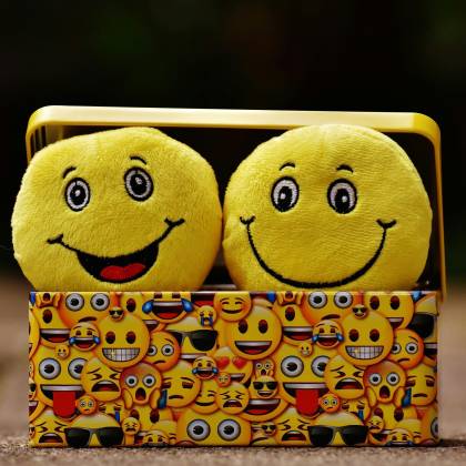 Two Yellow Smiley Plush Toys In An Emoji Themed Box, Expressing Fun And Happiness.
