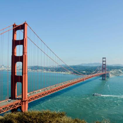 Iconic Golden Gate Bridge Spanning The San Francisco Bay On A Clear Day.