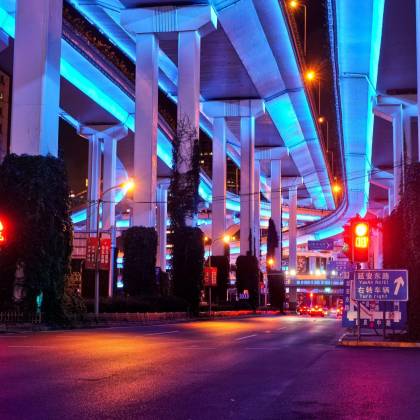Colorful Night Scene Under Shanghai's Illuminated Flyovers With Vivid Blue And Red Lighting.