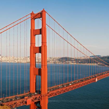 Scenic View Of Golden Gate Bridge Spanning The Blue Waters Of San Francisco Bay.
