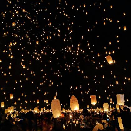 A Mesmerizing Scene Of Sky Lanterns Illuminating The Night During A Festive Gathering, Creating A Magical Atmosphere.