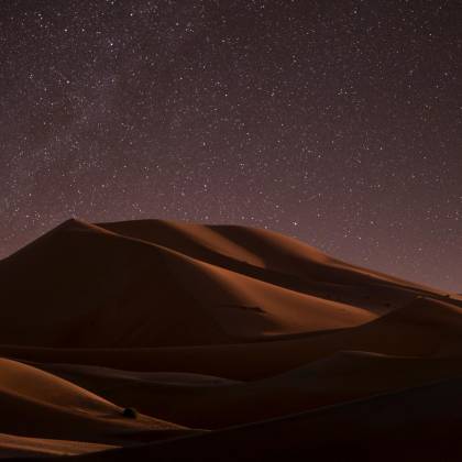 A Captivating View Of Starlit Sky Above Serene Desert Dunes At Night, Offering A Tranquil Escape.
